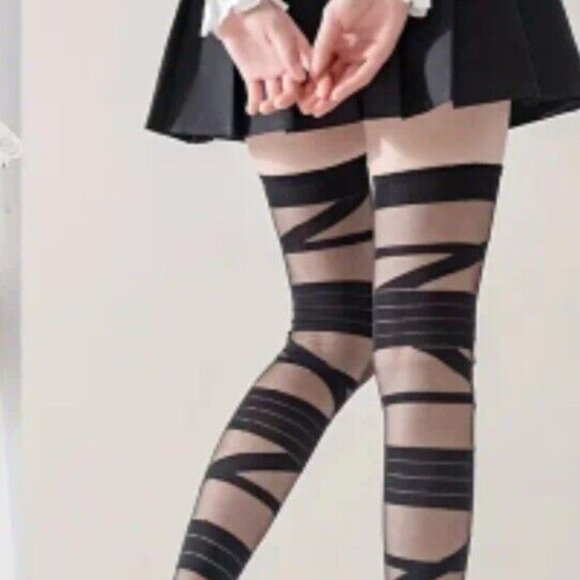 🤘Black Over Knee Socks Stockings Bandage Design Coquette Goth Girl Dark OSFM - Picture 3 of 3